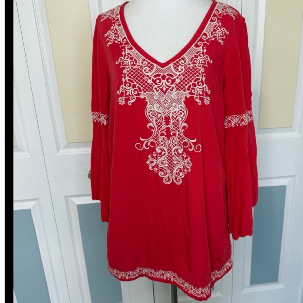 Flying Tomato Embroidered Red Tunic Top V Neck Boho Festival Blouse S‎
